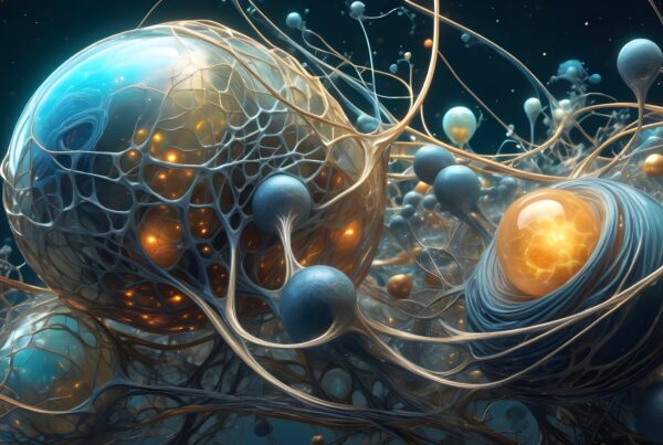 Digital artwork depicting an intricate network of glowing orbs and tendrils, resembling a microscopic universe with luminous patterns and vibrant colors.