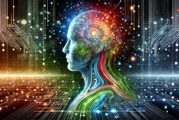 A vibrant, digitally-rendered profile of a human head with network patterns, illustrating futuristic artificial intelligence and interconnected technology themes.