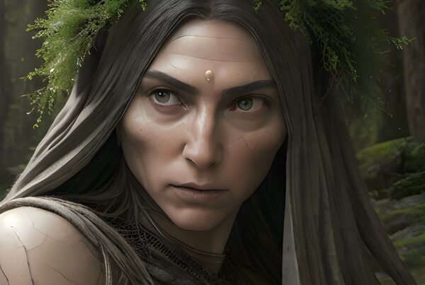 Mystical woman with foliage crown, blending into serene forest.