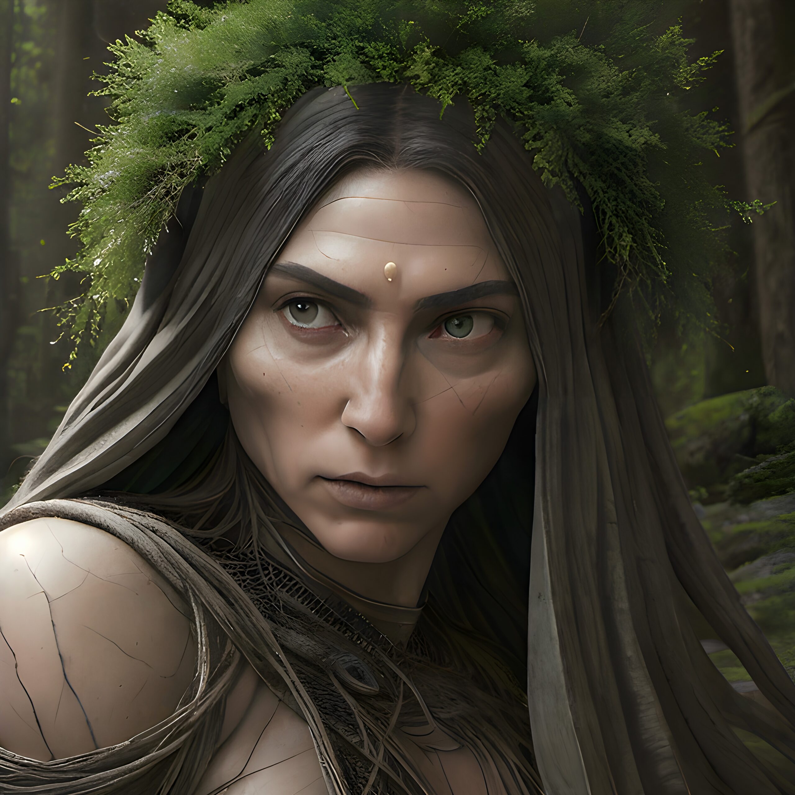 Mysterious Forest Woman Intense Gaze