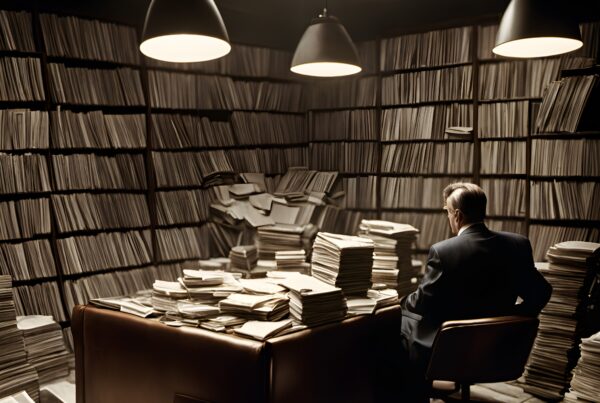A man sits alone in a cluttered room full of towering stacks of paper files, illuminated by overhead lights, creating a scene of thoughtful isolation amid information overload.