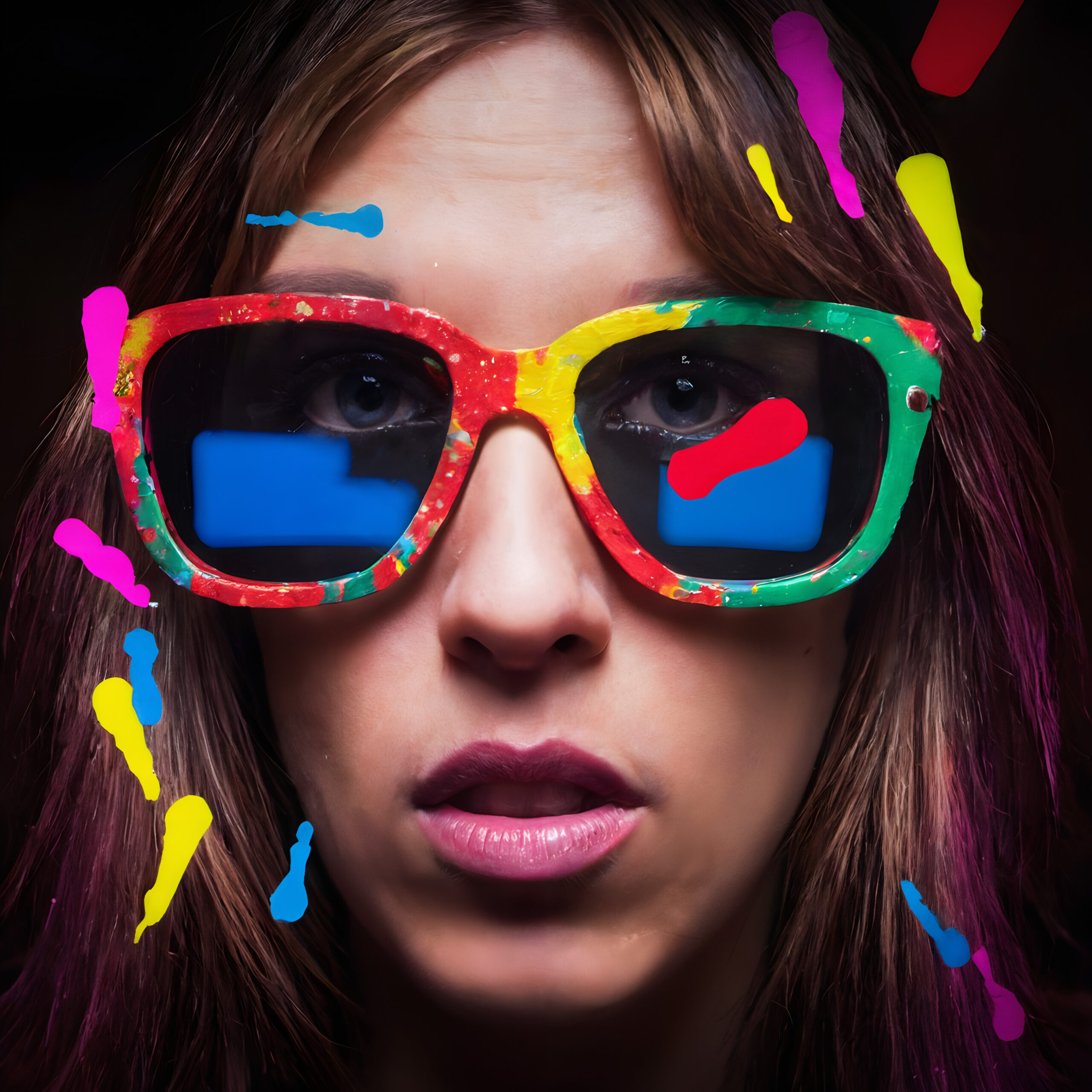 A person wearing large colorful sunglasses