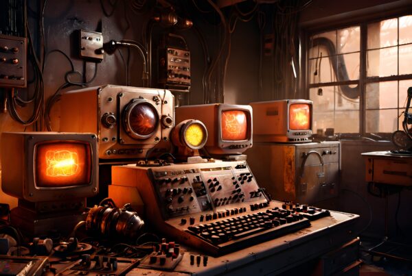 A moody retro-futuristic computer lab with vintage equipment and glowing CRT monitors.