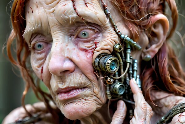 An elderly woman with intricate cybernetic implants on her face, staring intensely in a dystopian setting.