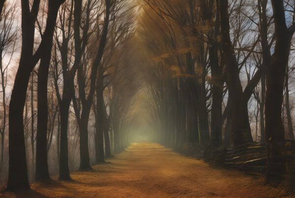 A peaceful autumn forest path covered in leaves with tall trees lining the sides, creating a serene natural tunnel effect.