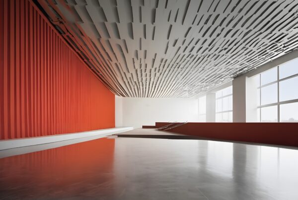 A modern interior with red wall, geometric ceiling, and large windows.