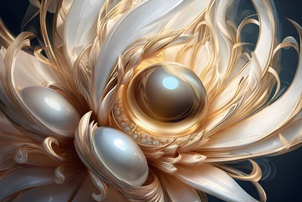 Digital artwork of an abstract flower with golden, swirling petals and a central orb.