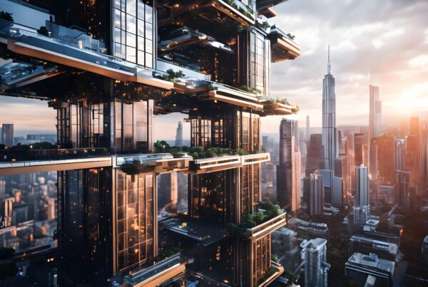 Futuristic cityscape with green terraces and skyscrapers.
