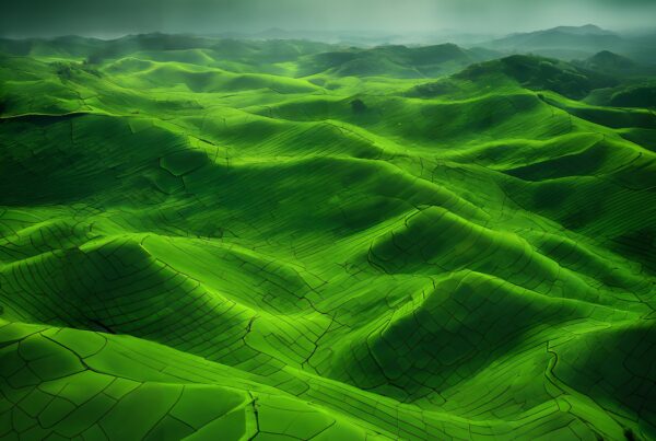 Aerial view of lush green hills with geometric patterns and misty horizon.