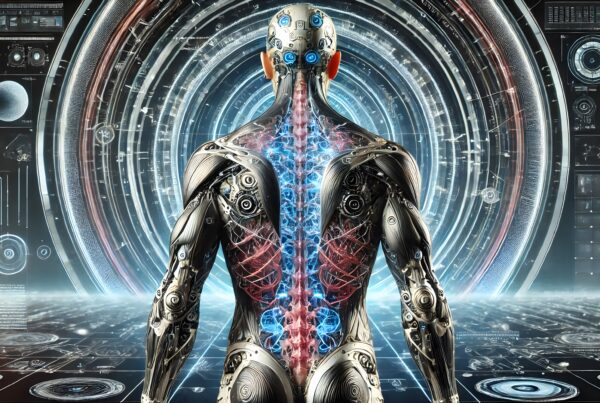 A cyborg with exposed neural systems amid digital interfaces in a sci-fi environment.