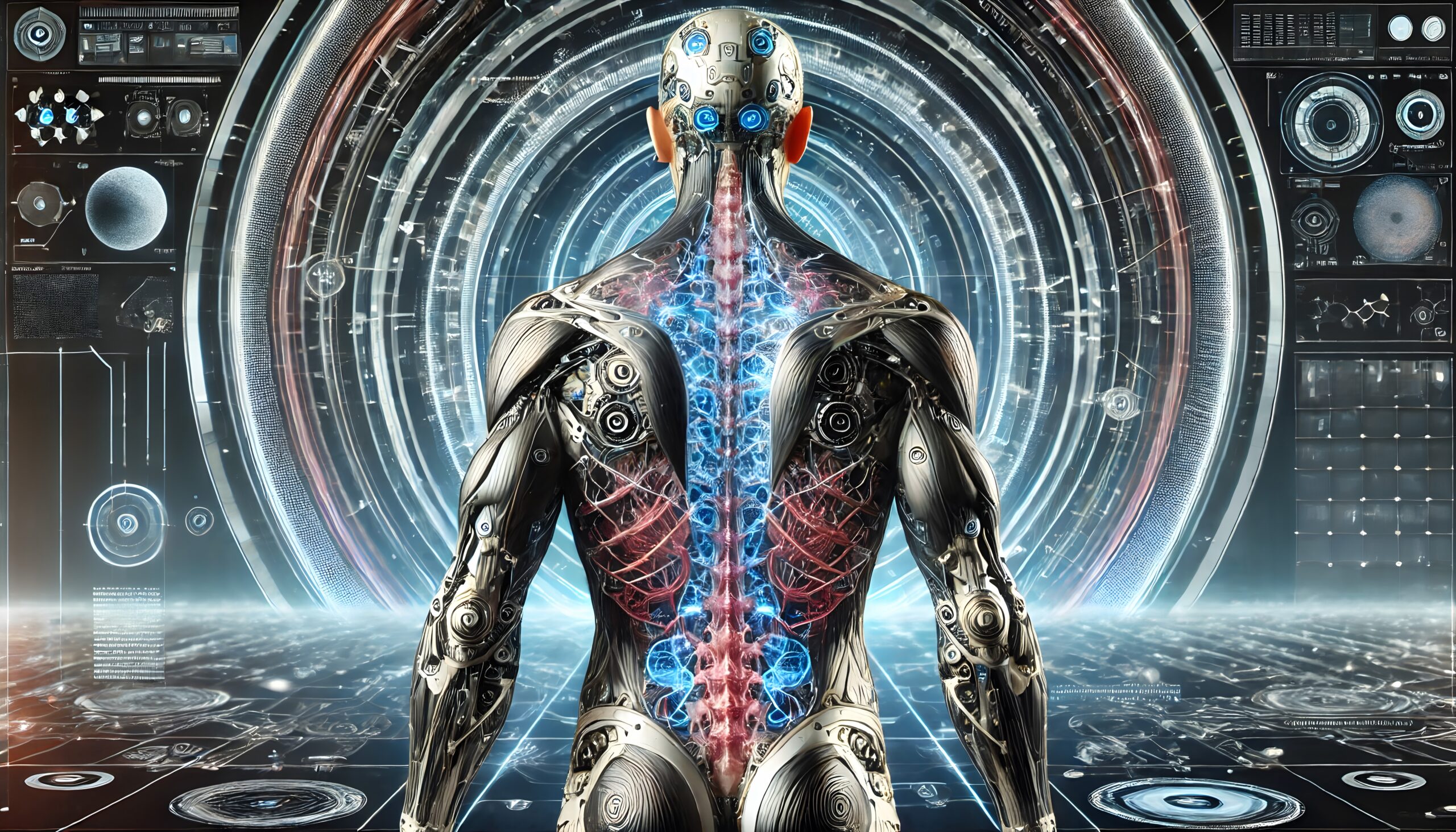 Cyborg in Futuristic Digital Interface