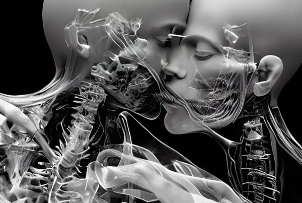 Two abstract figures in embrace.