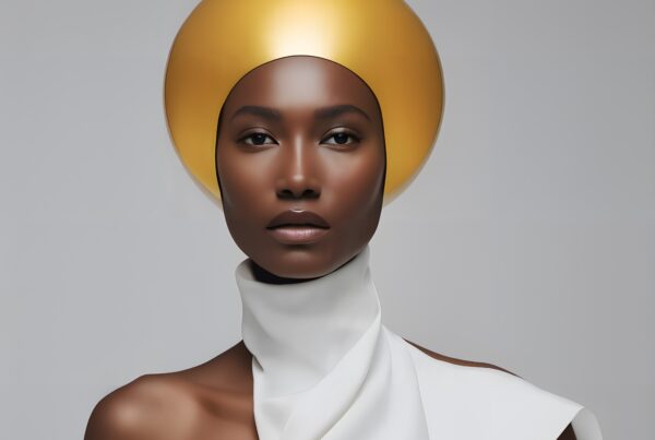 Portrait featuring modern fashion with a gold dome hat and white attire.