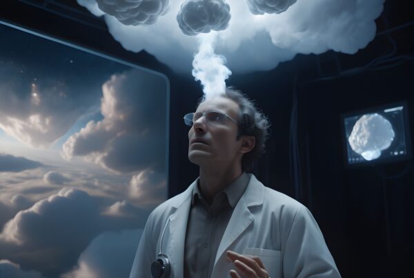 A scientist in a lab coat stands beneath hovering cloud formations, visualizing his thoughts in a futuristic laboratory setting.