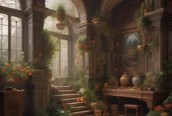Elegant historic garden room with sunlight illuminating lush greenery.
