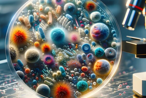 Vibrant petri dish with diverse microorganisms in a lab setting.
