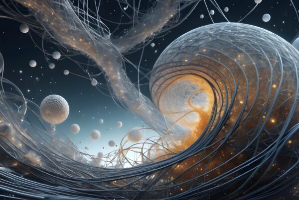 Surreal cosmic scene with swirling translucent filaments, glowing particles, and celestial spheres in space.