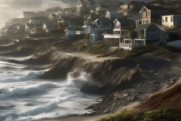 Dramatic coastal scene with clifftop homes and crashing waves under a moody sky.