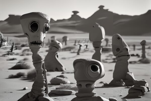 A surreal desert landscape with alien-like rock formations casting shadows under bright sunlight.