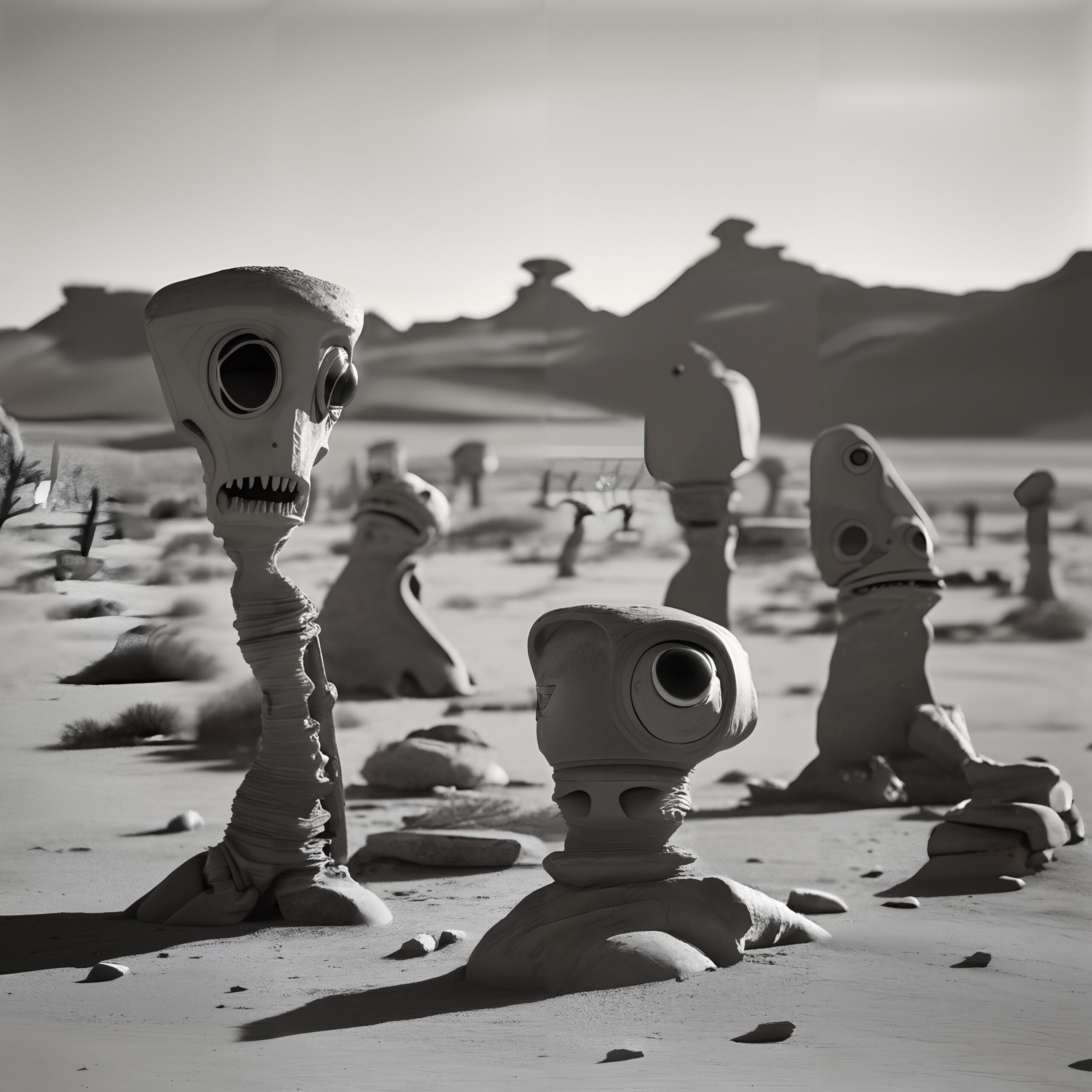 Alien Sculptures in Desert Landscape