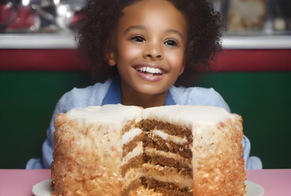 A smiling child sits eagerly at a table with a large, multi-layered cake in a colorful diner setting, radiating joy and anticipation for the dessert.