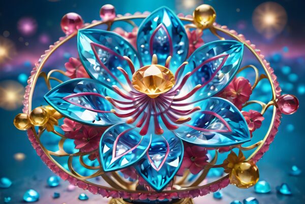 A radiant gemstone flower in an abstract setting, blending vivid blues and pinks, creating an ethereal and captivating visual experience.