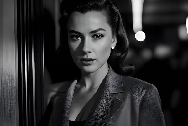 Black and white portrait of an elegant woman in vintage attire, highlighting classic Hollywood glamour and sophistication.