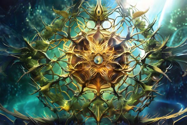 An abstract artwork featuring a luminous orb surrounded by intricate golden and green tendrils, set against a deep blue background.