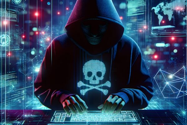Hacker wearing a skull hoodie typing.