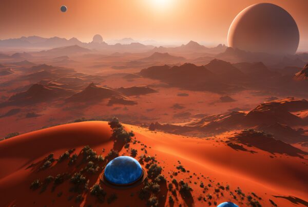 An alien landscape with dunes, domes, and planetary horizon.