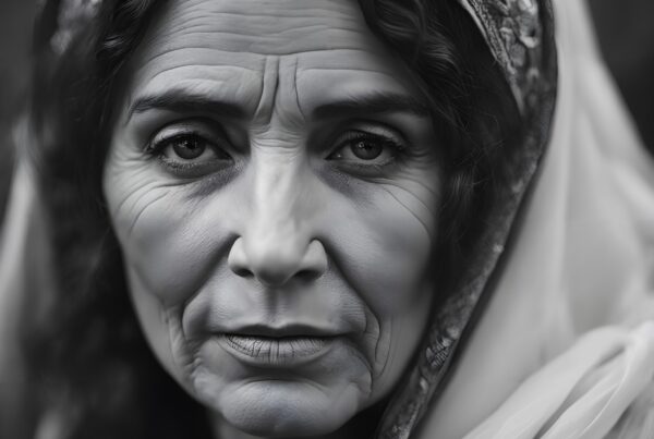 Black and white portrait of an elderly woman wearing an embroidered headscarf with a soulful gaze.