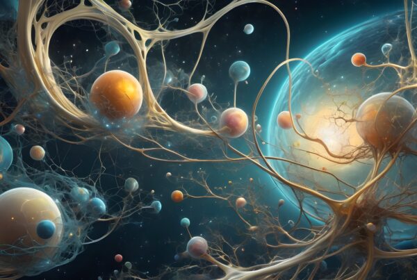Abstract depiction of vibrant spheres interconnected by webs in space.