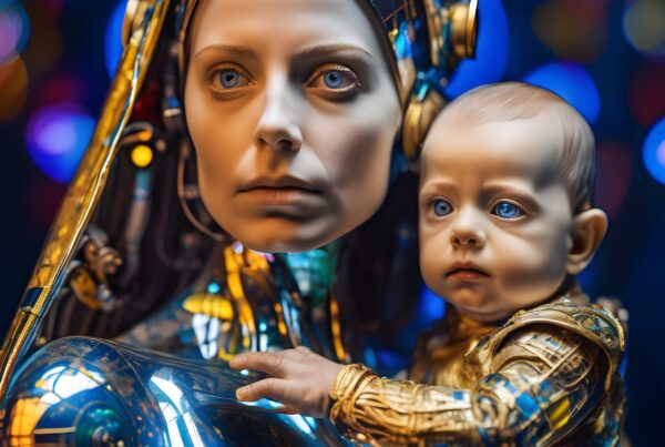 Futuristic humanoid holding baby under vibrant lights.