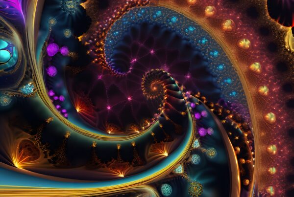 A vibrant fractal pattern with colorful spirals.
