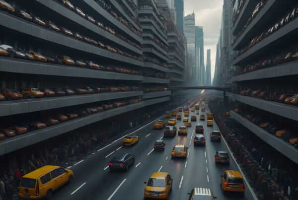 A futuristic cityscape with stacked parked cars and yellow taxis on a busy highway under an overcast sky.