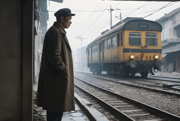 A man stands pensively at a foggy train station as a vintage yellow train approaches.