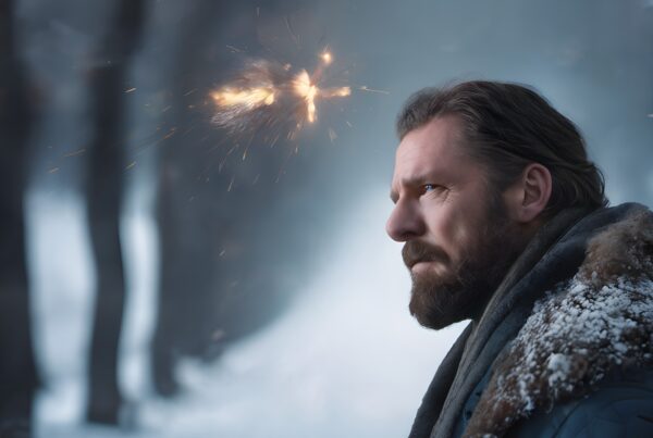A bearded man in a fur coat stands in a snowy forest, contrasted by fiery sparks highlighting his pensive expression.