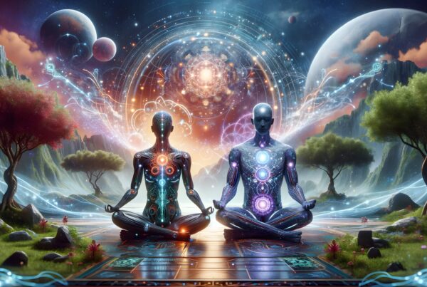 Two celestial beings meditating amidst a cosmic landscape with glowing chakras and swirling galaxies.
