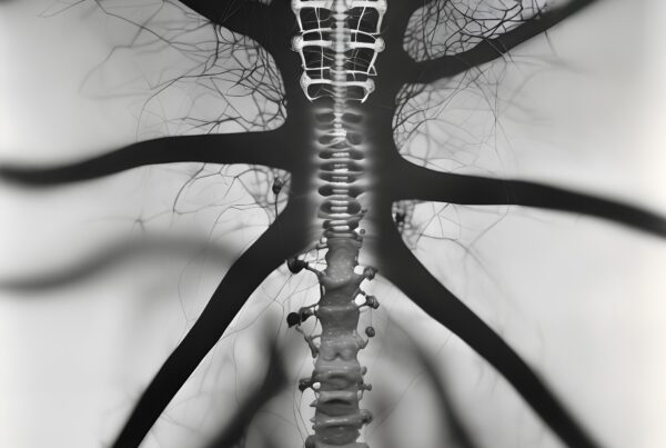Detailed artistic depiction of a human spinal cord and neural pathways in grayscale, showcasing anatomical complexity in an ethereal monochrome style.