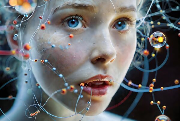 A young woman gazes through a network of glowing spheres and wires, blending surrealism and futuristic elements.