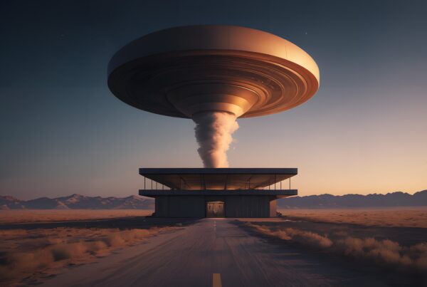 Futuristic building under UFO in desert at dawn.