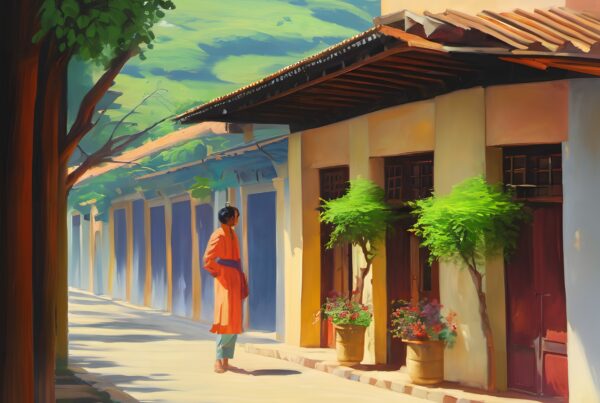 A person in orange coat stands in a sunlit village alley with vibrant greens and traditional architecture.