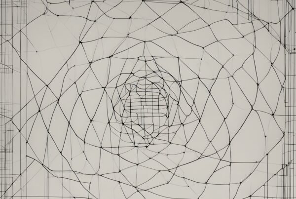 An intricate geometric pattern with intersecting black lines forms a complex, web-like design on a white background, radiating from the center.