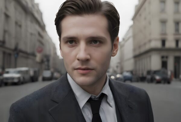 A man in a suit on a city street looking pensive.