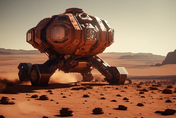 Futuristic rover exploring a rocky alien landscape on a distant planet.