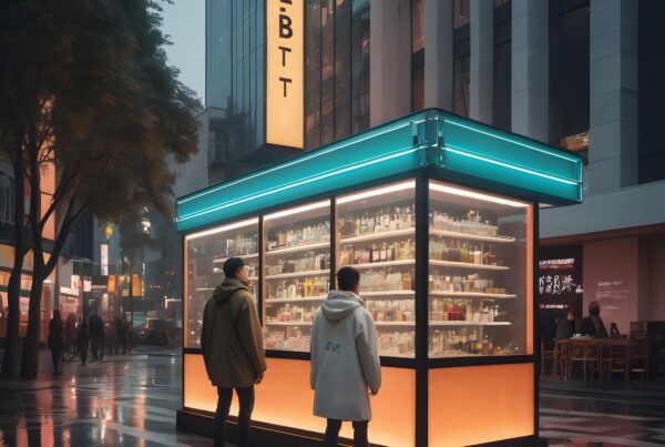 A brightly lit kiosk at night with people standing by, surrounded by modern city buildings.