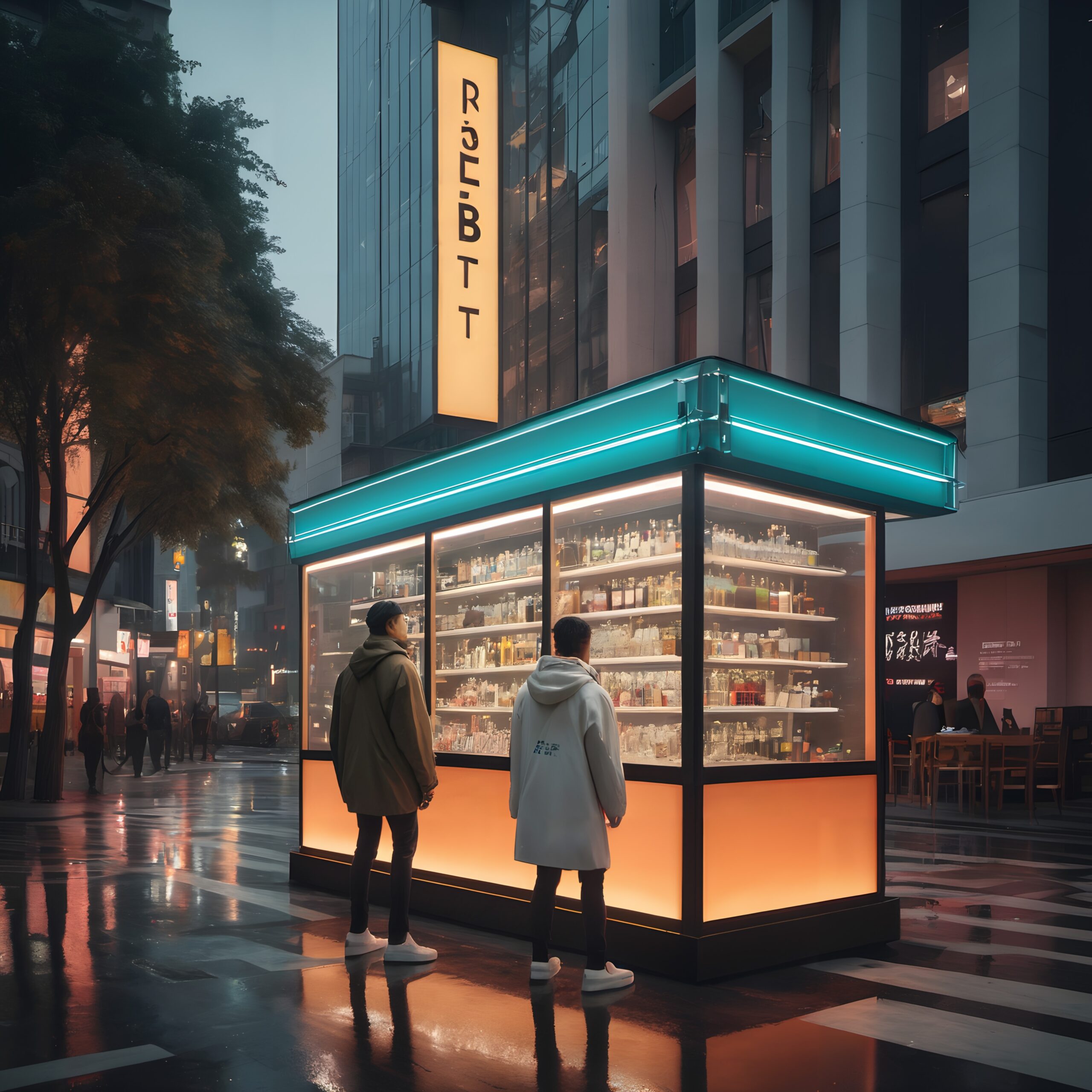 Nighttime Urban Street Kiosk Scene