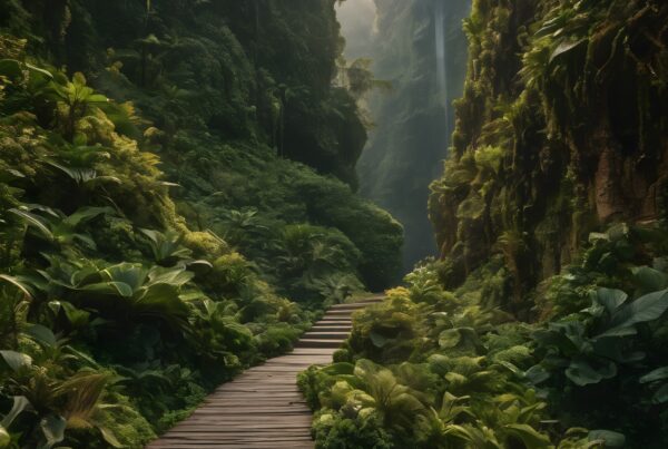 A serene wooden path weaves through a lush, green canyon with a distant waterfall.