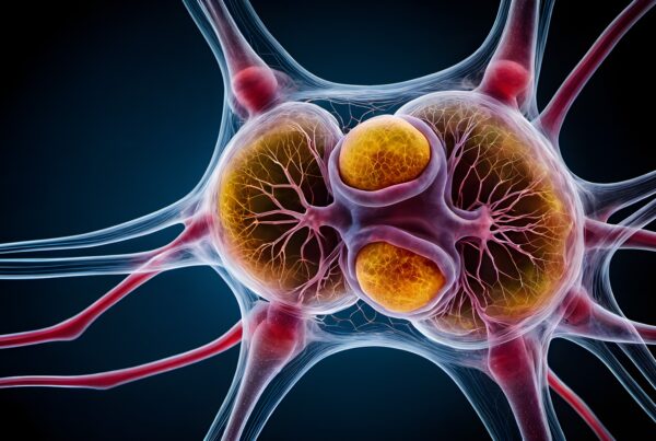 Artistic illustration of a neuron highlighting its complex structure with vivid colors.