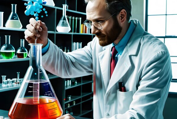 A scientist in a lab with colorful liquids, focusing on a chemical experiment.